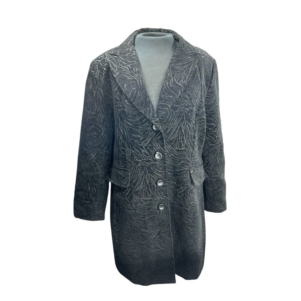 Dressbarn Womens Black Animal Print Long Coat L Cotton Blend Dry Clean Only